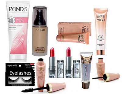 

Importedd Eyelashes, Mac Matchmaster Foundation, Lakme 9 to 5 CC Cream,Mousse Cream,eyeliner,Mascara,Infallible face primer,Lakme Enrich Lipstick 2, Pond's White Beauty Fairness Face Wash(Set of 10)