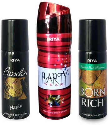 

Riya BORN RICH PERFUME BODY SPRAY 150ML+PARTY WEAR PERFUME BODY SPRAY 200ML+BINDAS MANIA PERFUME BODY SPRAY 150ML Deodorant Spray - For Men(150 ml, Pack of 3)