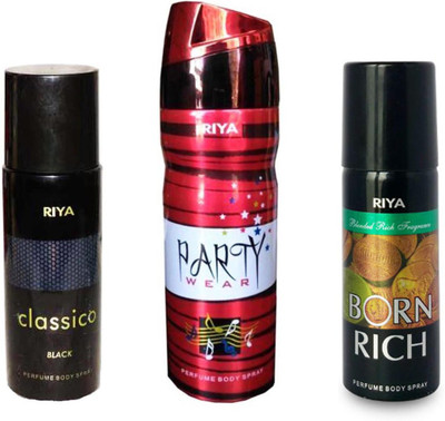

Riya CLASSICO BLACK+ PERTY WEAR+ BORN RICH Body Spray - For Men & Women(150 ml, Pack of 3)