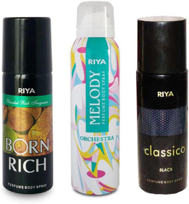 

Riya MELODY+ CLASSICO BLACK+ BORN RICH Deodorant Spray - For Men & Women(150 ml, Pack of 3)