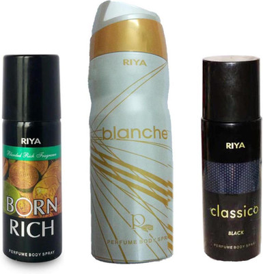 

Riya CLASSICO BLACK+ BLANCHE+ BORN RICH Deodorant Spray - For Men & Women(150 ml, Pack of 3)