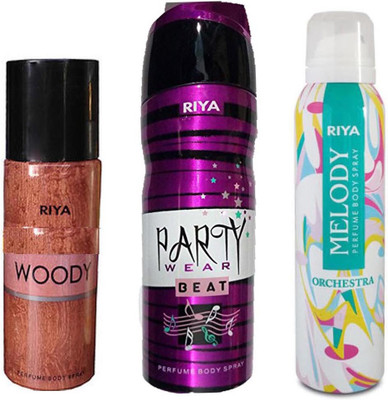 

Riya WOODY+ PARTY WEAR BEAT+ MELODY Deodorant Spray - For Men & Women(150 ml, Pack of 3)