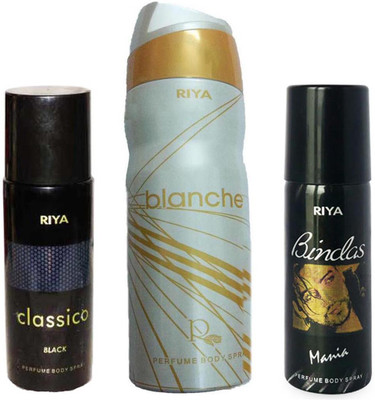 

Riya BINDAS MANIA PERFUME BODY SPRAY 150ML+BLANCHE PERFUME BODY SPRAY 200ML+CLASSICO BLACK PERFUME BODY SPRAY 150ML Deodorant Spray - For Men(150 ml, Pack of 3)