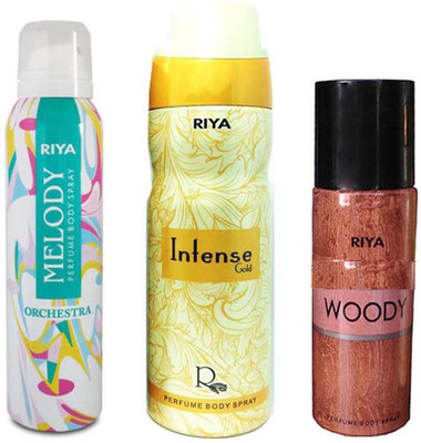 

Riya WOODY+ INTENSE+ MELODY Deodorant Spray - For Men & Women(150 ml, Pack of 3)