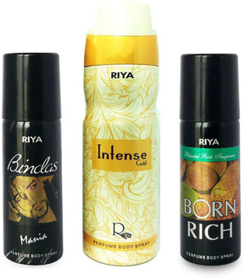 

Riya BORN RICH+ INTENSE GOLD+ BINDAS MANIA Deodorant Spray - For Men & Women(150 ml, Pack of 3)