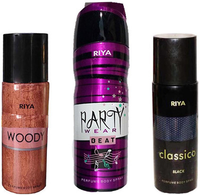 

Riya CLASSICO BLACK PERFUME BODY SPRAY 150ML+PARTY WEAR BEAT PERFUME BODY SPRAY 200ML+WOODY PERFUME BODY SPRAY 150ML Deodorant Spray - For Men(150 ml, Pack of 3)