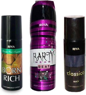 

Riya CLASSICO BLACK+ PARTY BEAR BEAT+ BORN RICH Deodorant Spray - For Men & Women(150 ml, Pack of 3)