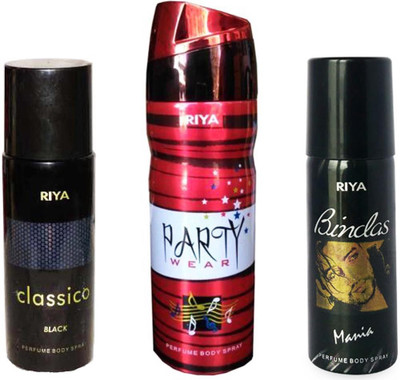 

Riya CLASSICO BLACK+ PARTY WEAR+ BINDAS MANIA Body Spray - For Men & Women(150 ml, Pack of 3)