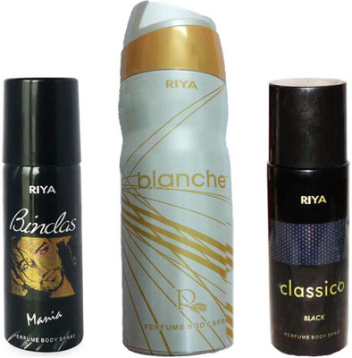 

Riya CLASSICO BLACK PERFUME BODY SPRAY 150ML+BLANCHE PERFUME BODY SPRAY 200ML+ BINDAS MANIA PERFUME BODY SPRAY 150ML Deodorant Spray - For Men(150 ml, Pack of 3)