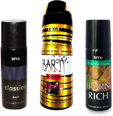 

Riya CLASSICO BLACK+ PARTY WEAR BOOM + BORN RICH Deodorant Spray - For Men & Women(150 ml, Pack of 3)