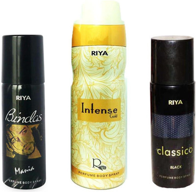 

Riya CLASSICO BLACK PERFUME BODY SPRAY 150ML+INTENSE GOLD PERFUME BODY SPRAY 200ML+BINDAS MANIA PERFUME BODY SPRAY 150ML Deodorant Spray - For Men(150 ml, Pack of 3)