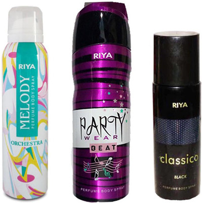 

Riya CLASSICO BLACK PERFUME BODY SPRAY 150ML+PARTY WEAR BEAT PERFUME BODY SPRAY 200ML+MELODY PERFUME BODY SPRAY 150ML Deodorant Spray - For Men(150 ml, Pack of 3)