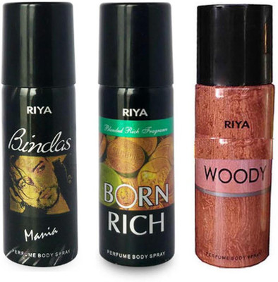 

Riya BORN RICH+ WOODY+ BINDAS MANIA Deodorant Spray - For Men & Women(150 ml, Pack of 3)