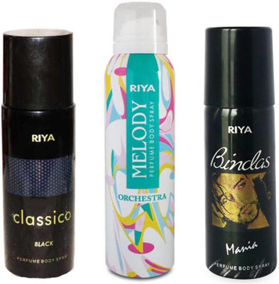 

Riya BINDAS MANIA+ MELODY+ CLASSICO BLACK Deodorant Spray - For Men & Women(150 ml, Pack of 3)