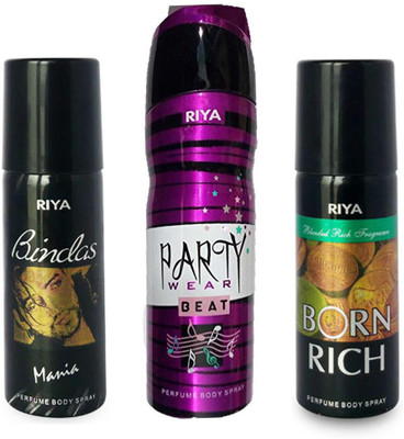 

Riya BORN RICH PERFUME BODY SPRAY 150ML+PARTY WEAR BEAT PERFUME BODY SPRAY 200ML+RIYA BINDAS MANIA PERFUME BODY SPRAY 150ML Deodorant Spray - For Men(150 ml, Pack of 3)