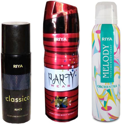 

Riya CLASSICO BLACK+ PARTY WEAR+ MELODY Deodorant Spray - For Men & Women(150 ml, Pack of 3)