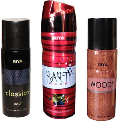 

Riya CLASSICO BLACK+ PARTY WEAR+ WOODY Deodorant Spray - For Men & Women(150 ml, Pack of 3)