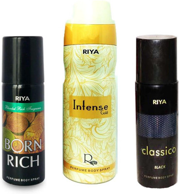 

Riya CLASSICO BLACK PERFUME BODY SPRAY 150ML+INTENSE GOLD PERFUME BODY SPRAY 200ML+BORN RICH PERFUME BODY SPRAY 150ML Deodorant Spray - For Men(150 ml, Pack of 3)