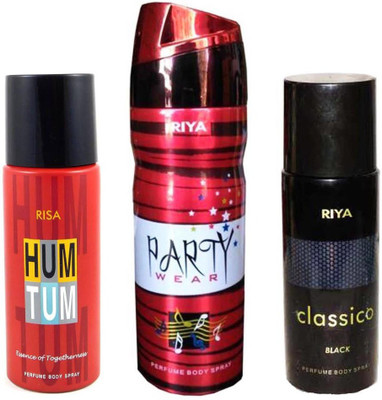 

Riya CLASSICO BLACK PERFUME BODY SPRAY 150ML+PARTY WEAR PERFUME BODY SPRAY 200ML+HUM TUM PERFUME BODY SPRAY 150ML Deodorant Spray - For Men(150 ml, Pack of 3)