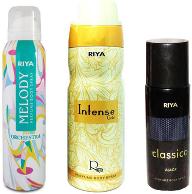 

Riya CLASSICO BLACK PERFUME BODY SPRAY 150ML+INTENSE GOLD PERFUME BODY SPRAY 200ML+MELODY PERFUME BODY SPRAY 150ML Deodorant Spray - For Men(150 ml, Pack of 3)