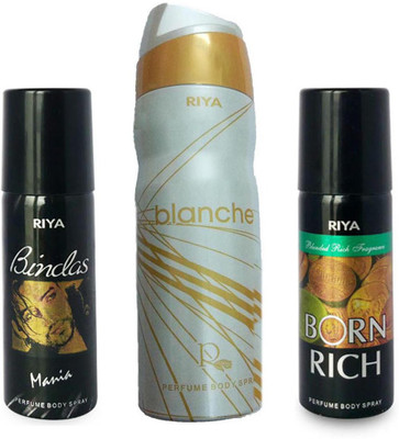 

Riya BORN RICH PERFUME BODY SPRAY 150ML+BLANCHE PERFUME BODY SPRAY 200ML+BINDAS MANIA PERFUME BODY SPRAY 150ML Deodorant Spray - For Men(150 ml, Pack of 3)