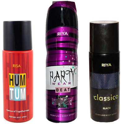 

Riya CLASSICO BLACK PERFUME BODY SPRAY 150ML+PARTY WEAR BEAT PERFUME BODY SPRAY 200ML+HUM TUM PERFUME BODY SPRAY 150ML Deodorant Spray - For Men(150 ml, Pack of 3)