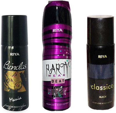 

Riya CLASSICO BLACK+ PARTY WEAR BEAT+ BINDAS MANIA Deodorant Spray - For Men & Women(150 ml, Pack of 3)