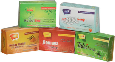 

SLG Herbal,Handmade,Natural and organic bath soaps 5 piece (Neem,Kesar Haldi,A-2 Milk,Tulsi,Gomaya)(375 g, Pack of 5)