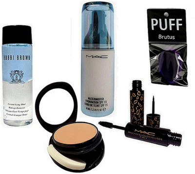 

BRUTUS Silicon Puff, Mac Matchmaster Foundation, Two Way Compact, Mascara & Liquid Eyueliner 2in1, Bobbi Brown Instant Long Wear Makeup Remover(Set of 5)