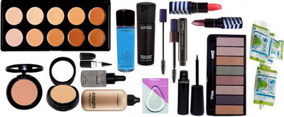 

Ultimate Silicon puff With Face And Body Foundation & 2 Way Compact,Prep+Prime Primer Oil,Skin Base Visage Face Serum & Pro Eye Makeup Remover, Blusher,liquie Eyeliner,Mascara,Matte Finish Long Lasting Lipstick 2 Shades, Eye shadow Palette,10 Shades Conce