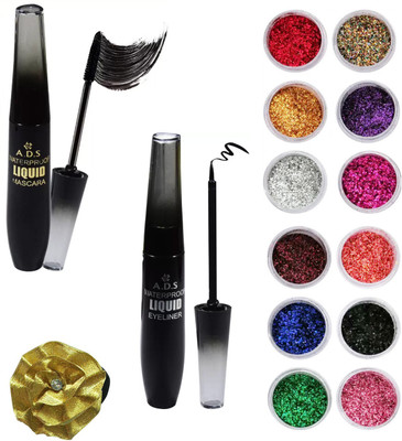 

ADS Waterproof Eyeliner, Mascara, Nail Arts Glitter Powder (12 PCS) and Band(Set of 15)