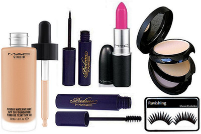 

ravishing Eyelashes & Mac Studio Waterweight Foundation Matte Pink Shade Lipstick, Padma Mascara, Eyeliner With Mac compact(Set of 6)