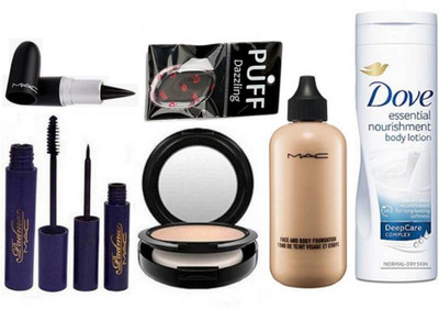 

Dazzling Silicon Puff & Face And Body Foundation & Mac Compact & Padma Eyeliner & Mascara & Dove essential Nourishment Body Lotion with stick kajal (Set of 7)(Set of 7)