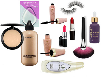 

POWER POINT silicon puff, mac face & body foundation , compact , lipsticks, farsali , lakme 9 to 5 liner & mascara , body lotion , brush with eyelashes ( set of 11 )(Set of 11)