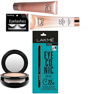 

ravishing Eyelashes, Mac Compact, Lakme 9 to 5 cc cream & Mousse Foundation & Eyeconic Deep Black Kajal(Set of 5)