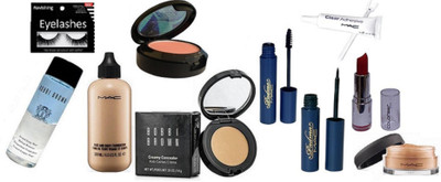 

ravishing Eyelashes, Mac Face & body foundation & compact & loose powder & Eyelashes fix glue, Bobbi brown makeup remover & compact, padma eyeliner & mascara, colorbar lipstick(Set of 10)