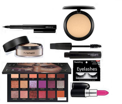 

ravishing Eyelashes, Mac Eye shadow 18 palette & Eyeliner & Mascara & loose powder & Lipstick & Compact(Set of 7)