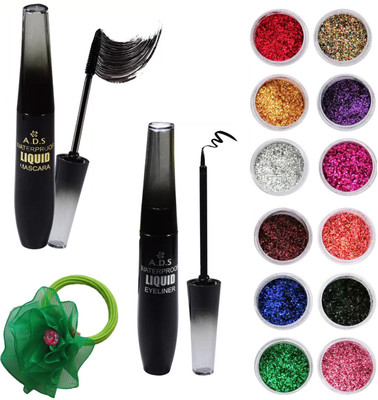 

ADS Waterproof Eyeliner, Mascara, Nail Arts Glitter Powder (12 PCS) and Band(Set of 15)