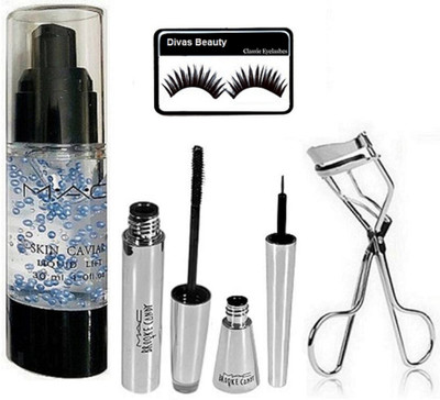 

divas beauty Eyelashes, Skin Cavial Primer, Eyeliner & mascara with Eyelashes Curler(Set of 5)