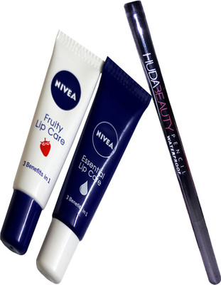 

Nivea Essential Lip Care Balm & Fruity Lip Care Balm With Liquid Matte Waterproof Eyeliner Of Huda (Pack Of 3)(Set of 1)