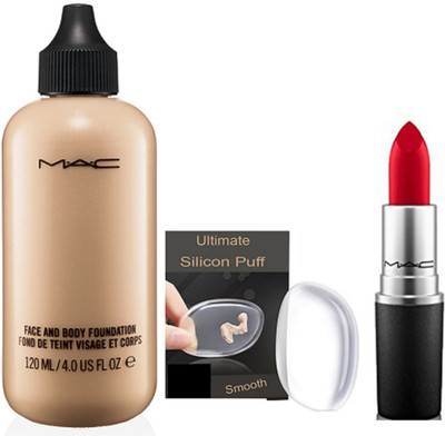 

Ultimate Silicon Puff With Mac Red Lipstick & Face And Body Foundation(Set of 3)
