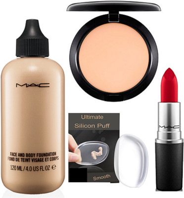 

Ultimate Silicon Puff With Mac Red Lipstick & Face And Body Foundation(Set of 4)