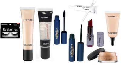 

ravishing Eyelashes, Mac select cover up foundation & concealer & Mattifying Base primer & eye lashes glue & loose powder, Padma Eyeliner & mascara & color Bar Lipstick(Set of 9)