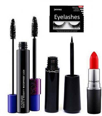 

jenney Eyelashes, Mac Haute & Naughty Dobule Effect Waterproof Mascara, Liquid Eyeliner, Matte Lipstick(Set of 4)