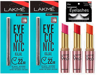 

pro longwear combo Eyelashes,Lakme Deep black Eyeconic Kajal(pack of 2) & 9to5 Primer matte lipstick(pack of 3)(set of 5)(Set of 5)
