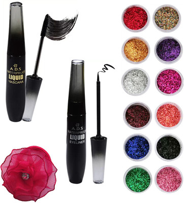 

ADS Waterproof Eyeliner, Mascara, Nail Arts Glitter Powder (12 PCS) and Band(Set of 15)