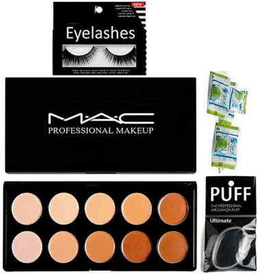 

Ultimate Silicon Puff With, Eyelashes, Mac Professional 10 Shade Concealer Palette & Magic Napkin Pack Of 3(Set of 5)