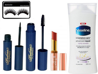 

exclusive Eyelashes, Mac Padma Eyeliner+Mascara & Vaseline Intensive Care Advancred Repair Body Lotion & Lakme 9 to 5 Prime Matte Lipstick(Set of 5)