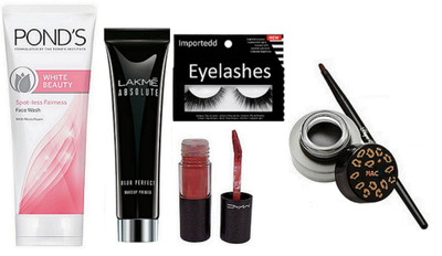 

Importedd Eyelashes, Mac Fluidline Eyeliner, Lipgloss, Absolute Blur Perfect Makeup Primer, Pond's White Beauty Spot-Less Fairness Face Wash(Set of 5)