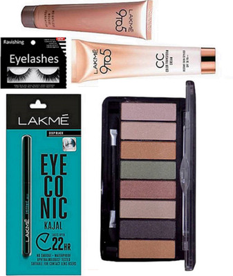 

ravishing Eyelashes, Lakme 9 to 5 cc cream & Mousse Foundation & Eyeconic Deep Black Kajal, Eye shadow 8 palette(Set of 5)